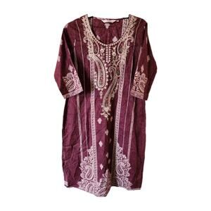 Biba Embroidered Kurta Kurti Burgundy Cotton Tunic Midi Dress Sz 38 India Shirt